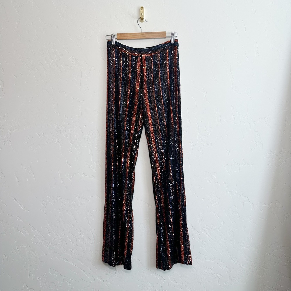 Zara | Sparkle Sequins Flare Wide Leg Pants Striped Black Red - 3440/251/800 - Picture 7 of 12